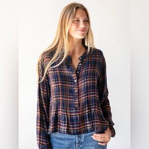 Natural Life Montana Metallic Plaid Button Front Top Navy Orange Size XS